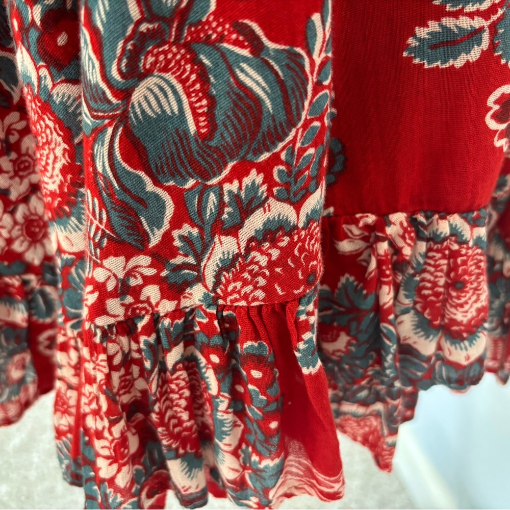 Polo by Ralph Lauren Red Floral Midi Dress with Teal and White Print
